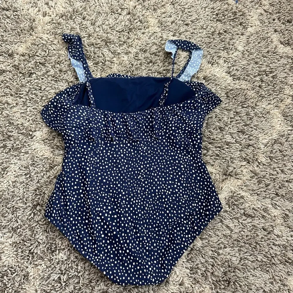 Kona Sol Navy Blue Polka Dot Ruffle Flounce One Piece Swimsuit XL Extra Large
